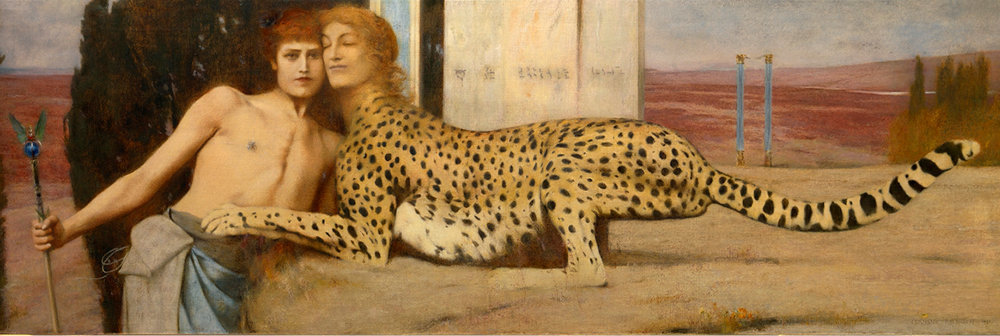 5- Fernand Khnopff, Des Caresses ou L’Art ou Le Sphinx,Musée Royaux des Beaux-Arts de Belgique, 1896. Huile sur toile, 150 x 50 cm